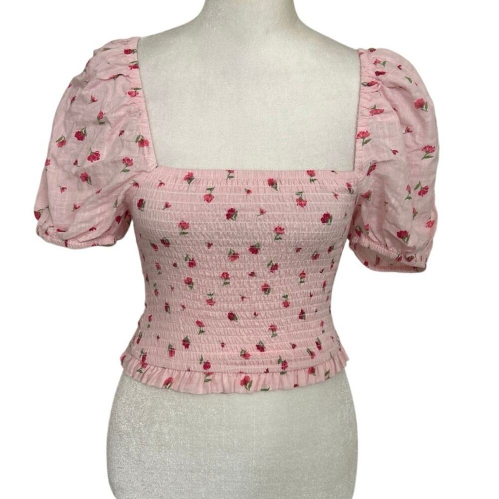 Altar’d State Pink Floral Smocked Crop Top Puff Sleeve Coquette Dainty CottageXS